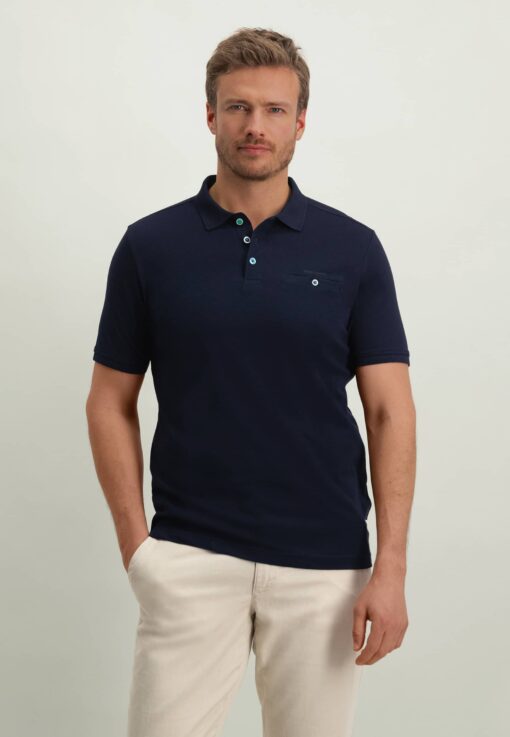 State of Art Polo van Supima-katoen met borstzak donkerblauw