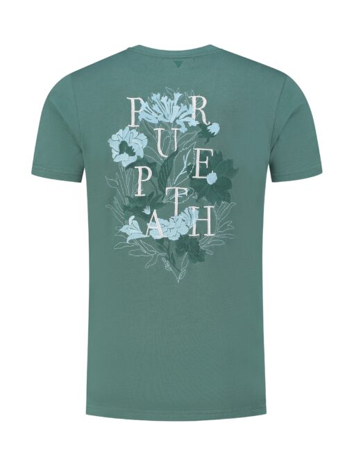 Pure Path Floral Embroidery Back Print T-shirt Faded Green